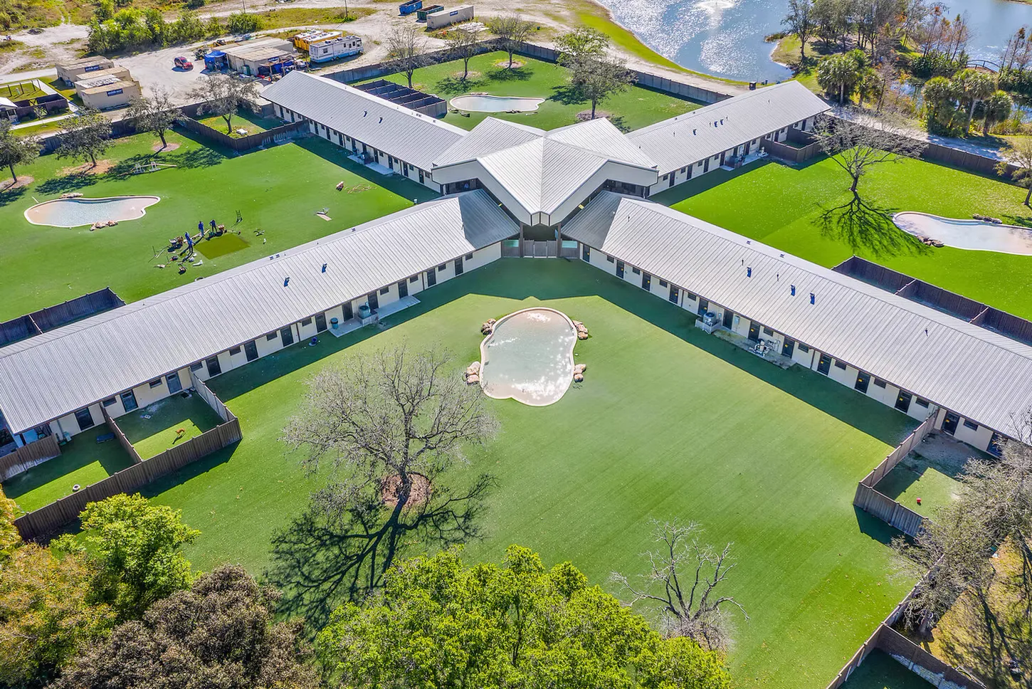 Aerial view of kennel wings arranged around a central lawn