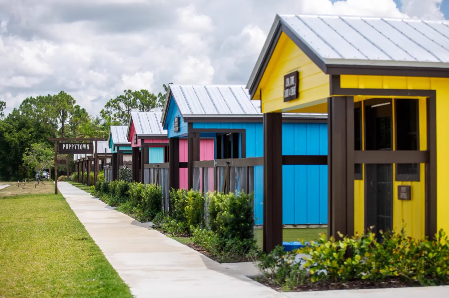 Row of brightly painted small cottages along a walkway