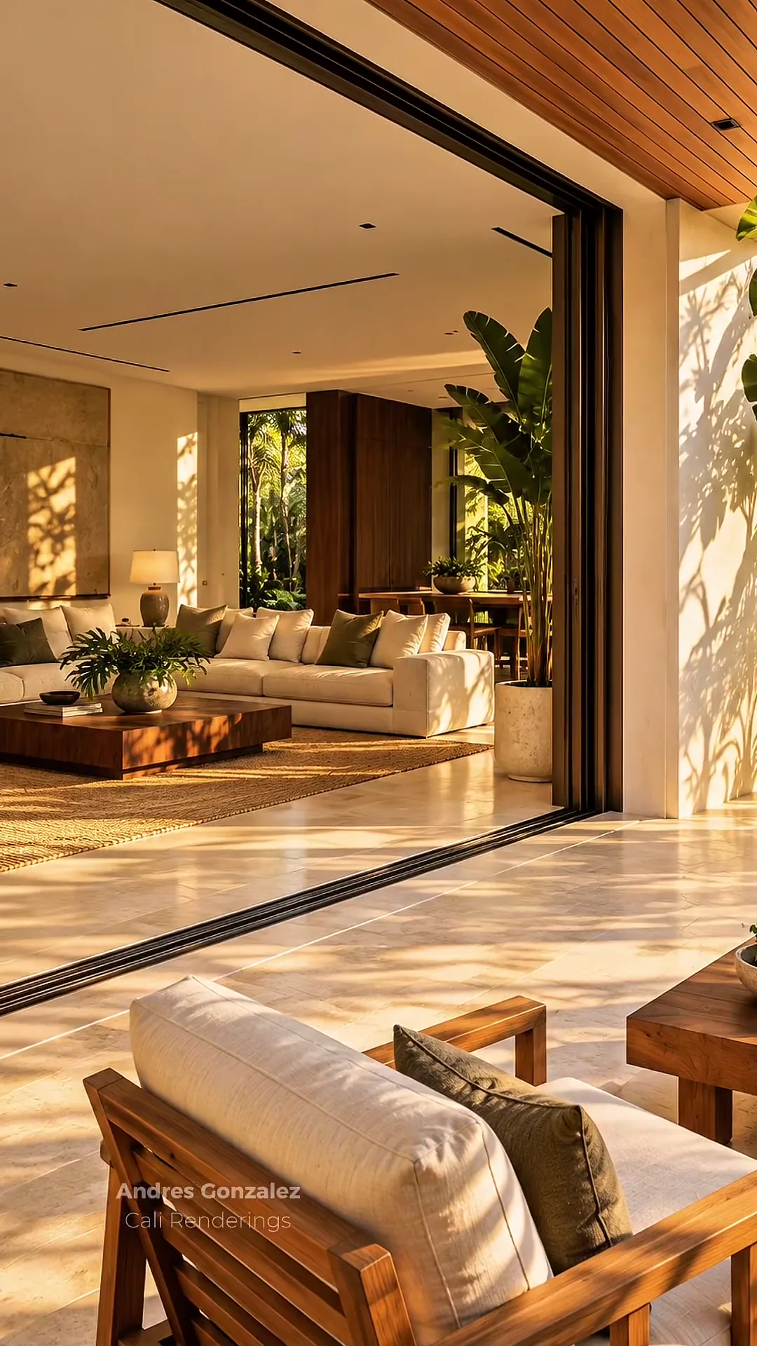 Concept rendering of open sliding glass doors with a flush floor track, travertine flooring, and a covered terrace with tropical plants.