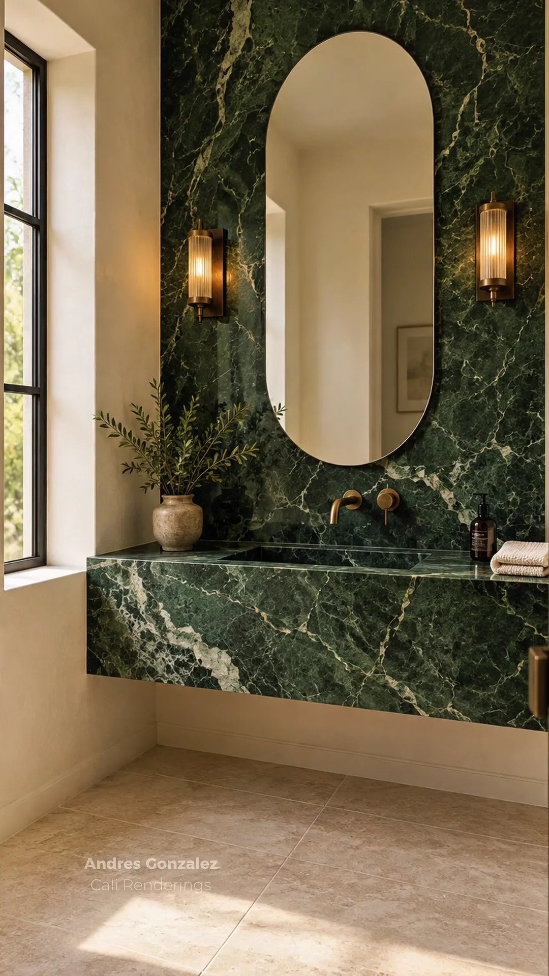 Concept rendering of a bathroom with a floating green marble vanity, an oval mirror, and brass wall sconces.