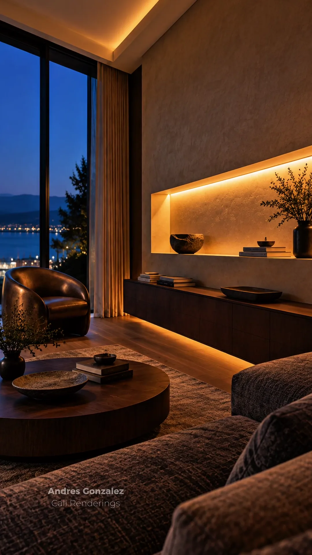 Concept rendering of a living room at dusk with a lit plaster niche, a glowing ceiling cove, and lighting under a walnut credenza.