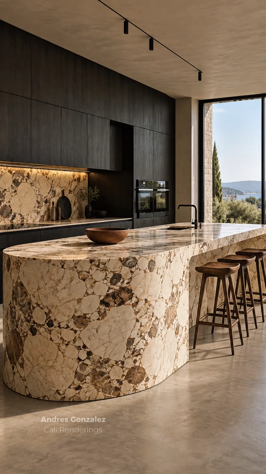Concept rendering of a kitchen with a curved island clad in cream stone with large brown inclusions, wooden stools, and dark cabinetry.