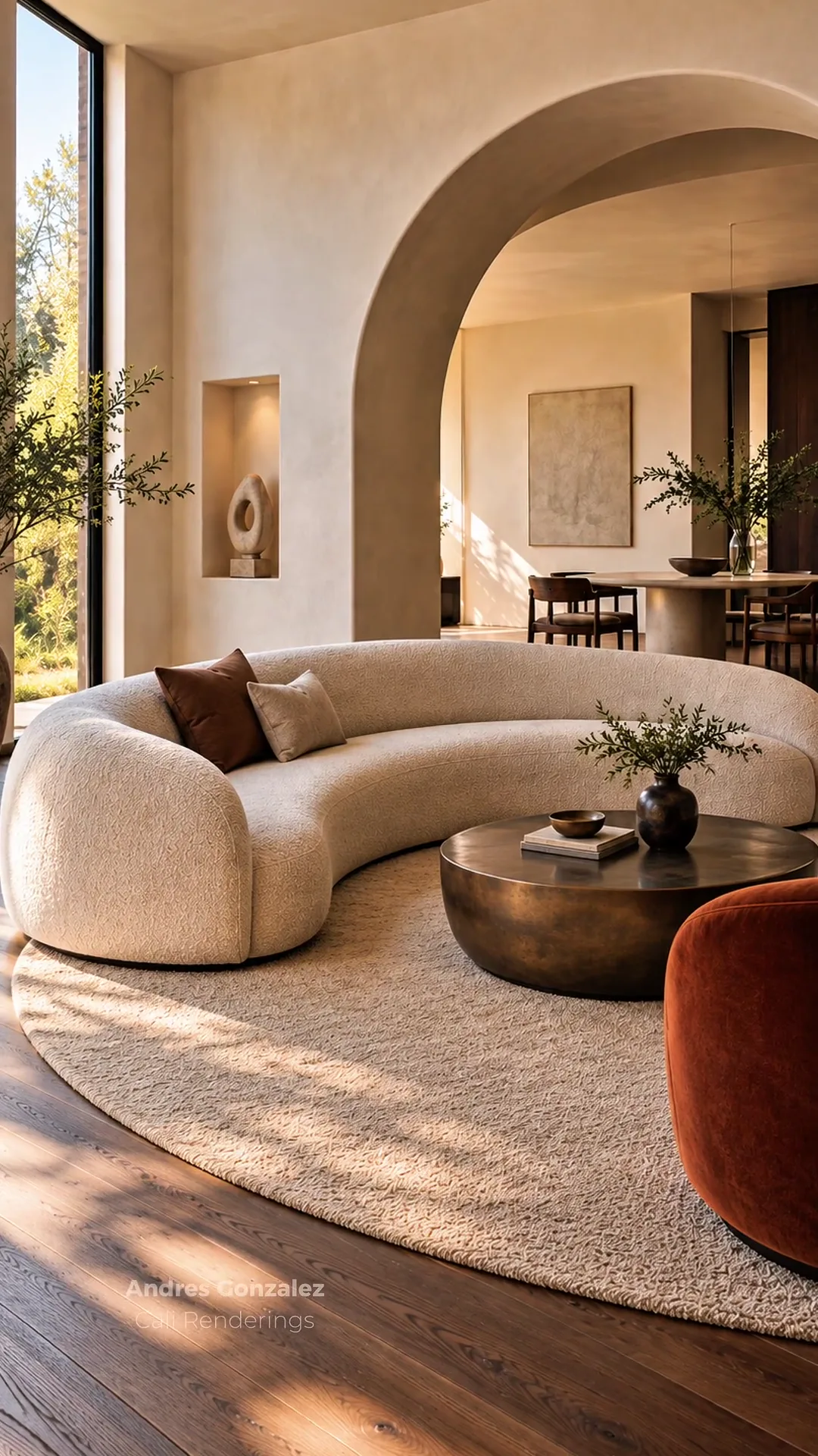 Concept rendering of a living room with a curved cream sofa, a round dark metal coffee table, and an arched plaster opening.