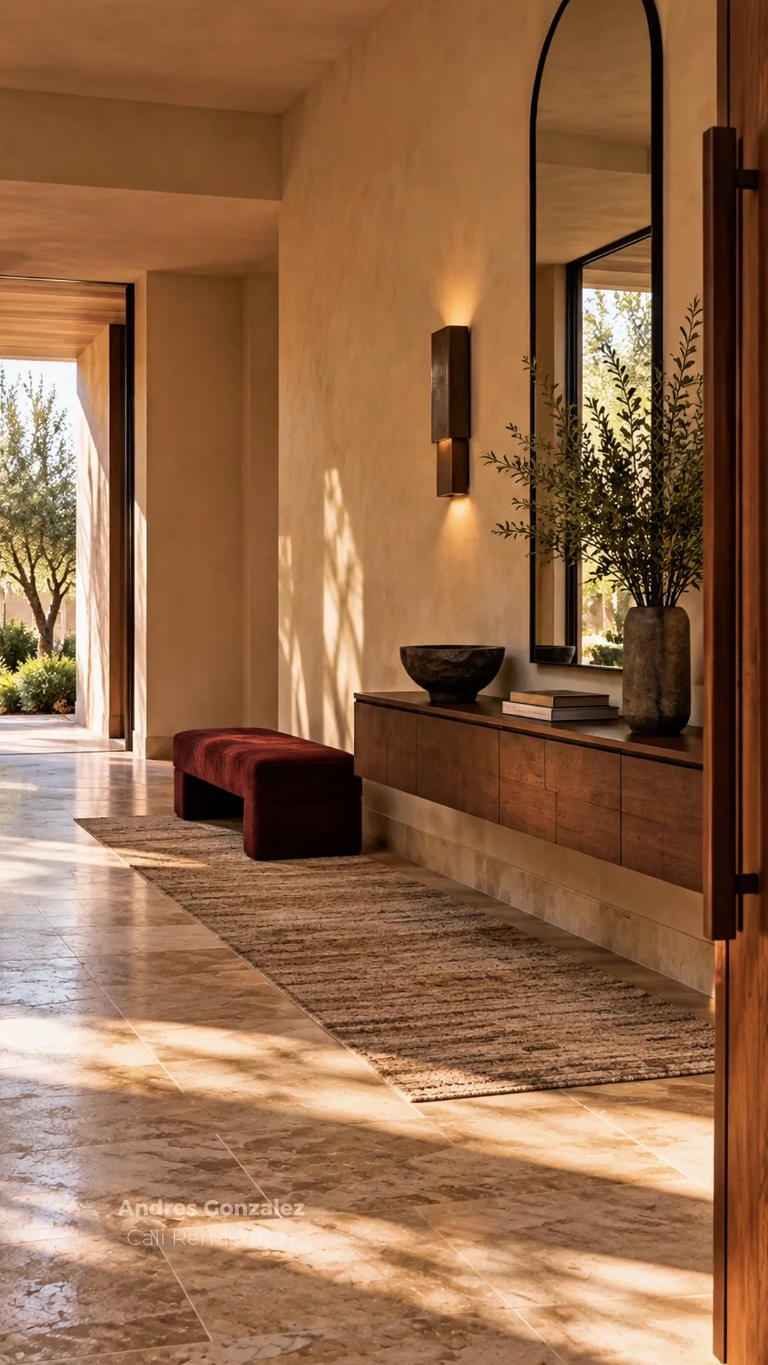 Concept rendering of a sunlit entry hall with travertine floors, a floating walnut console, an arched mirror, and a red bench.