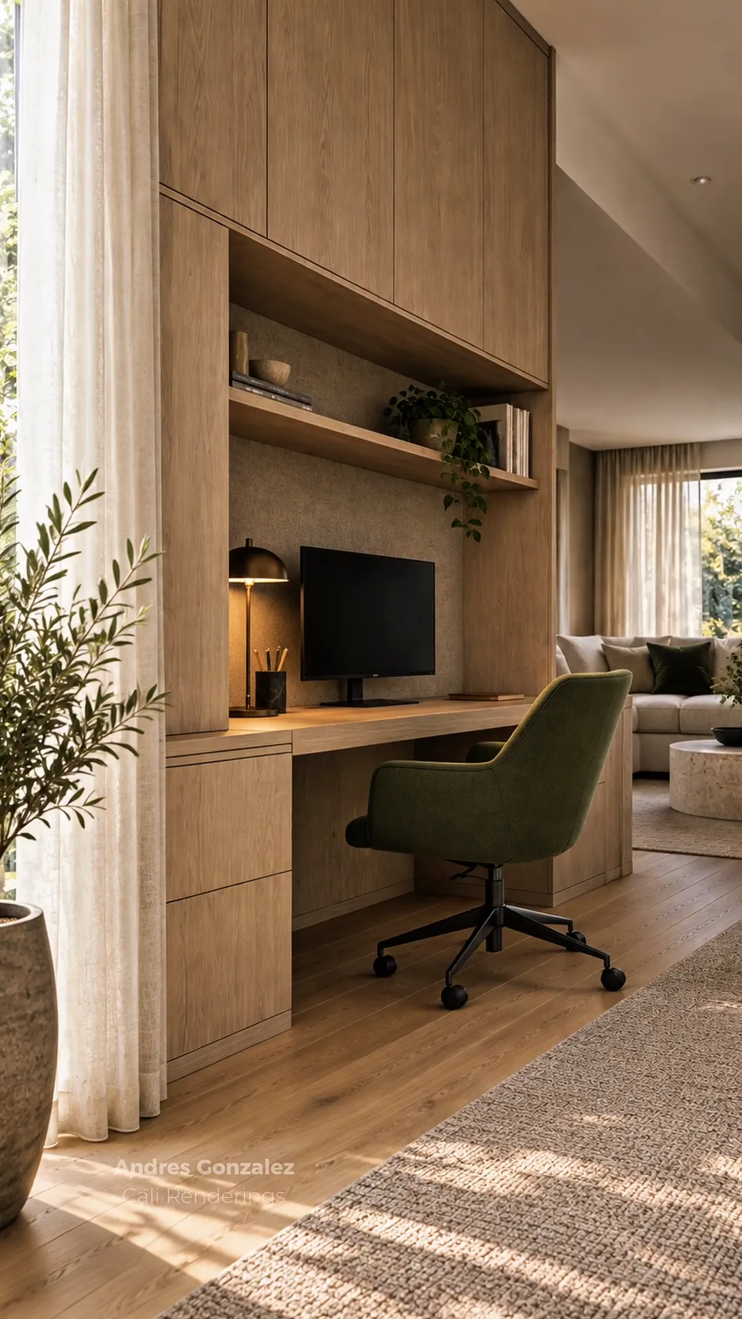 Concept rendering of a built-in light oak desk and shelving wall with a dome lamp and a green office chair.