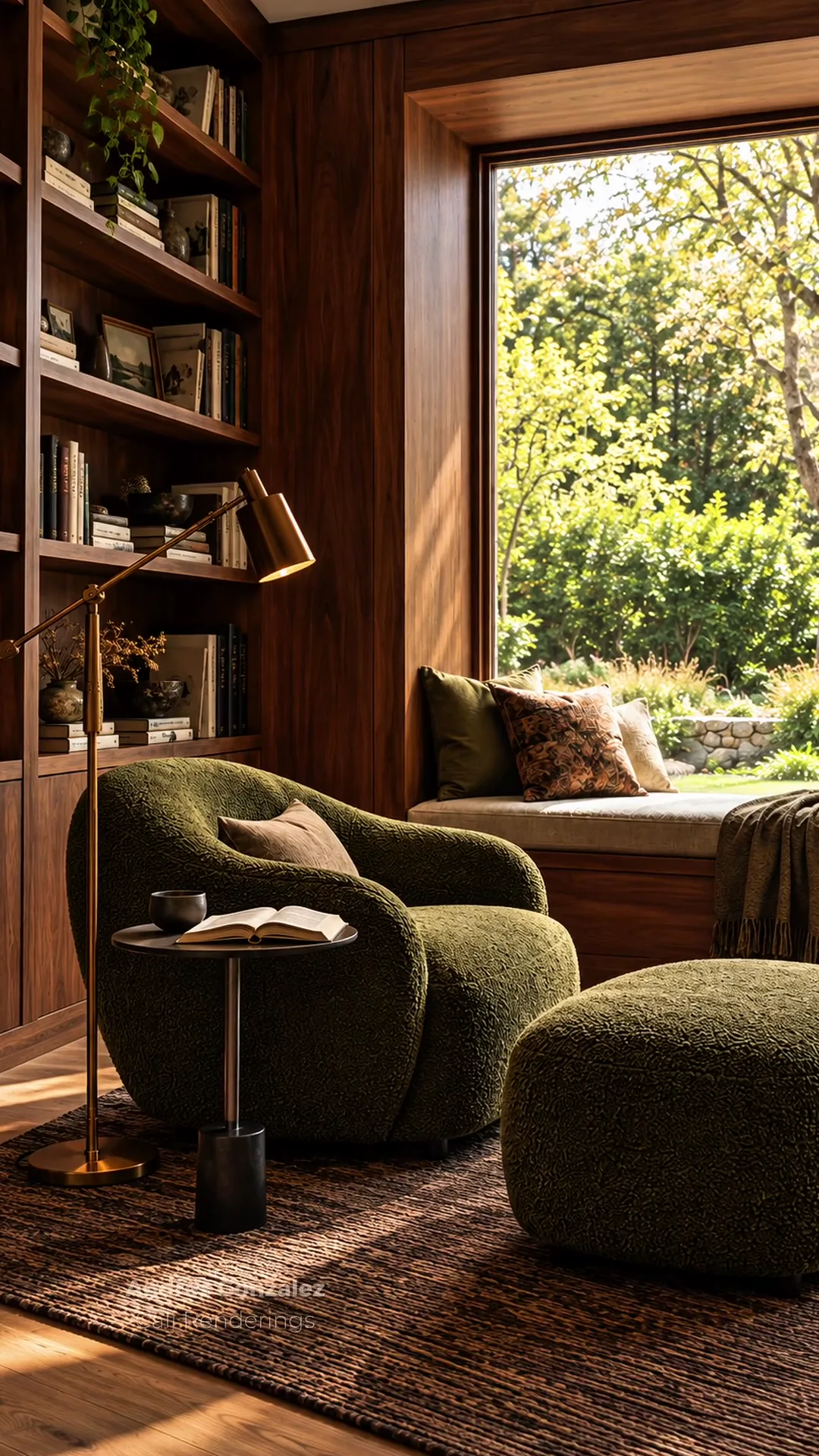 Concept rendering of a walnut-paneled reading nook with a window seat, a moss green armchair, and a brass floor lamp.