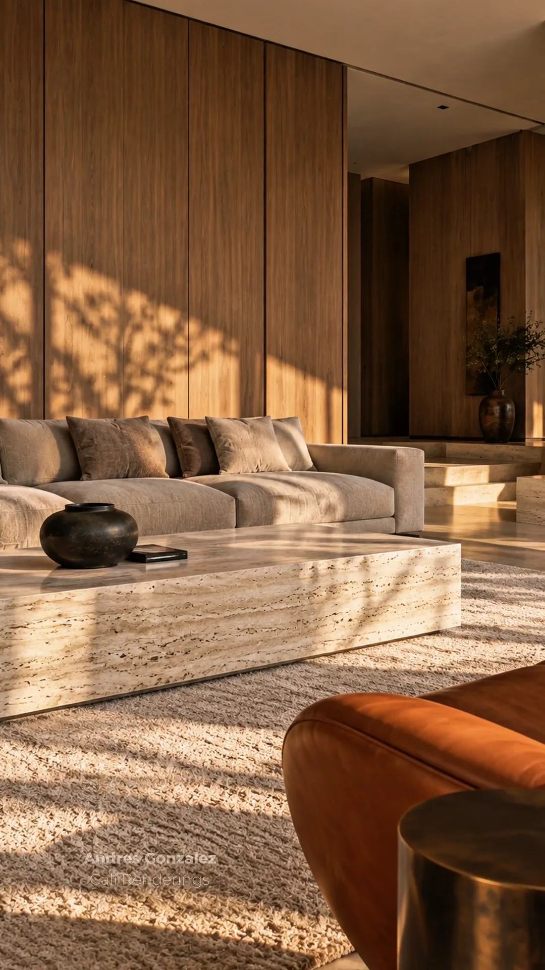Concept rendering of a living room with a travertine fireplace wall, a solid travertine coffee table, and wood-paneled walls.