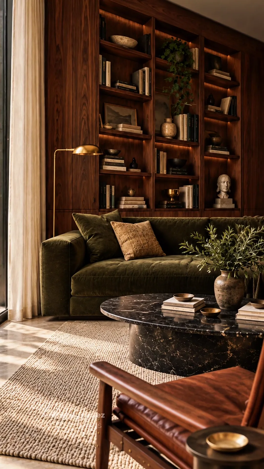 Concept rendering of floor-to-ceiling walnut shelving with lit shelves, a green velvet sofa, and a leather armchair.